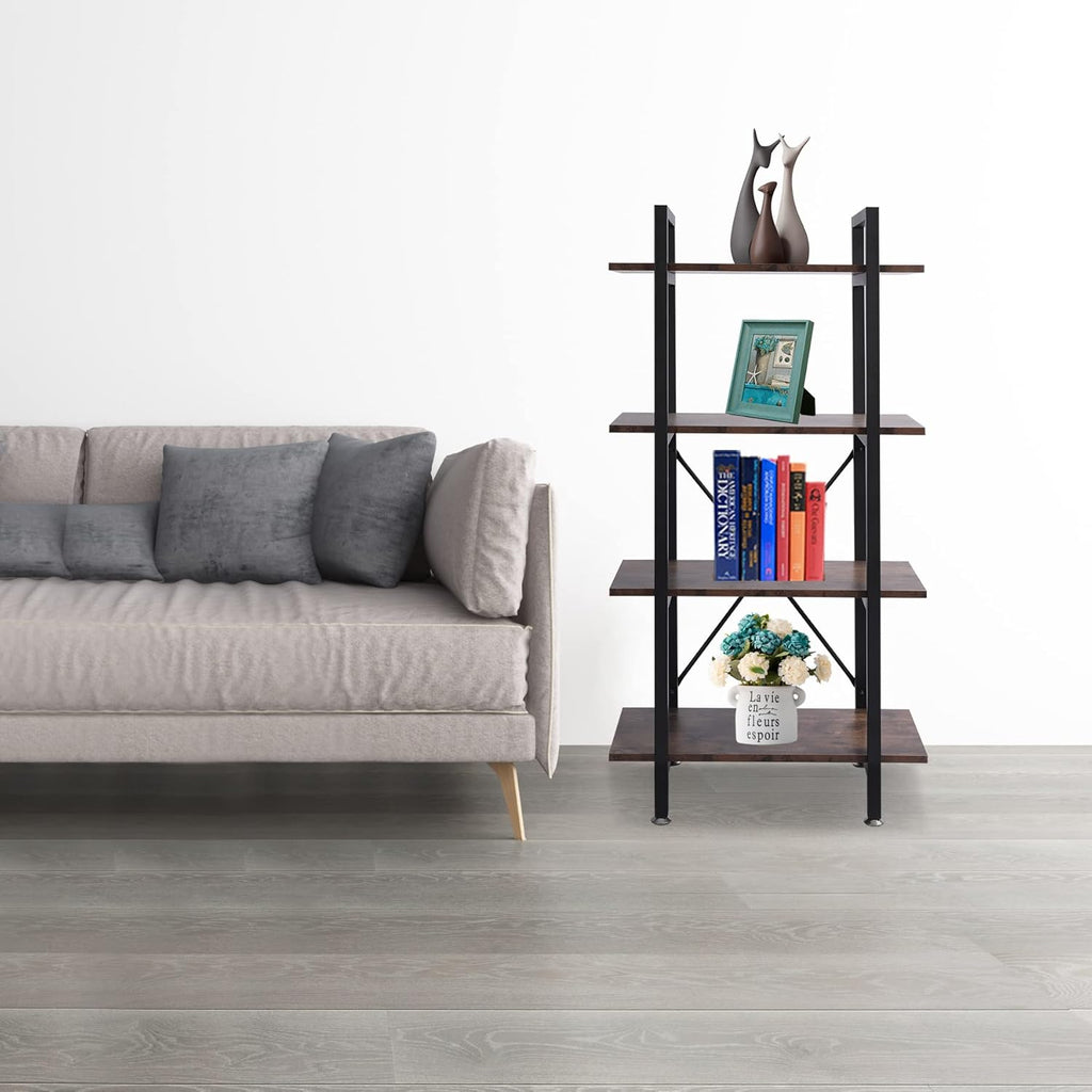 Industrial Bookshelf, 4 Tier Open Shelf Bookcase, Rustic Brown Q259