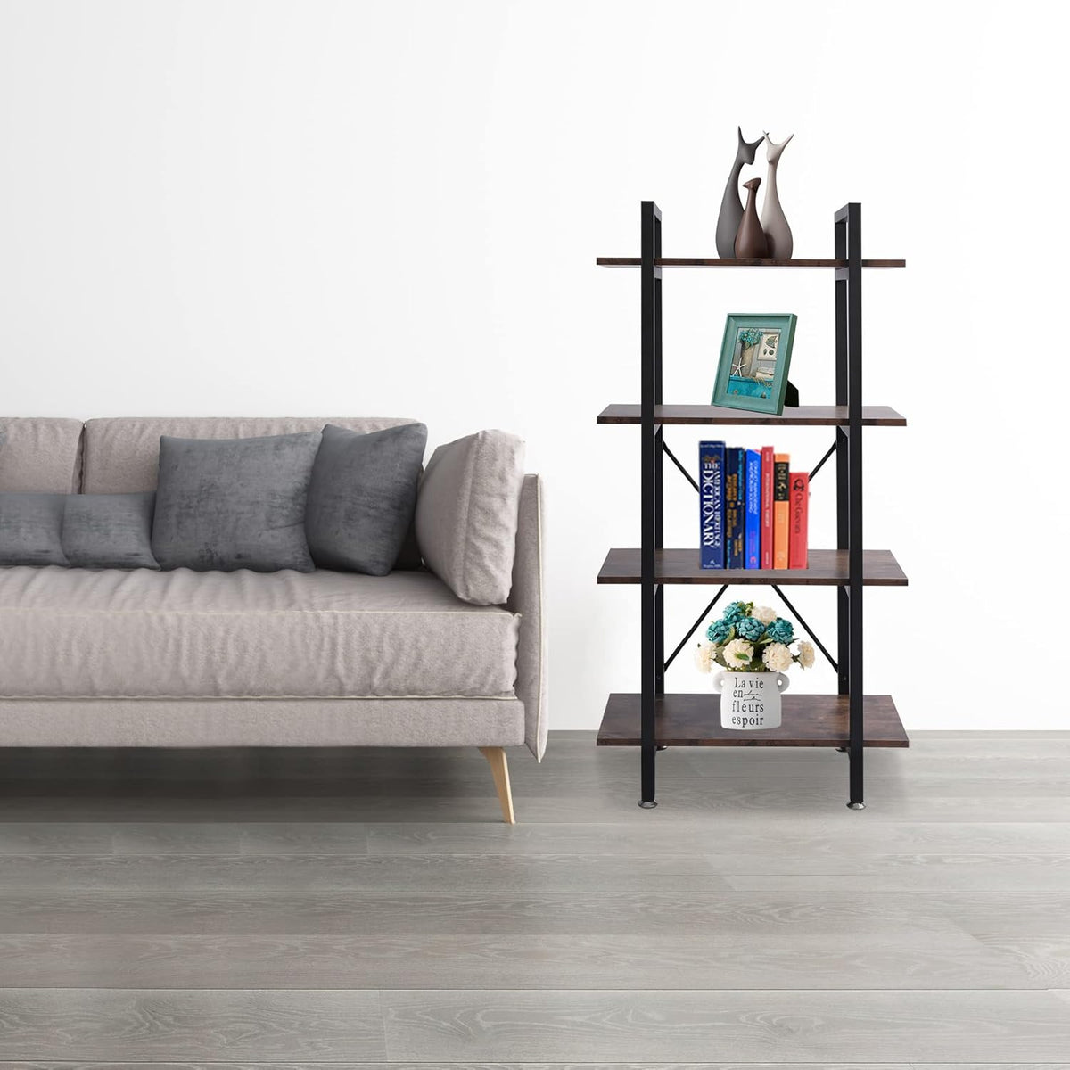 Industrial Bookshelf, 4 Tier Open Shelf Bookcase, Rustic Brown Q259