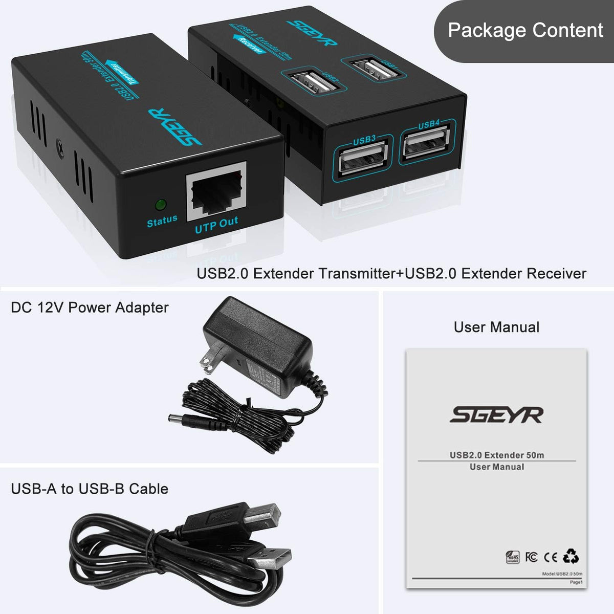 Metal USB Extender Over Cat5e/6, 50M, 4 USB 2.0 Ports, Pack of 2 T808
