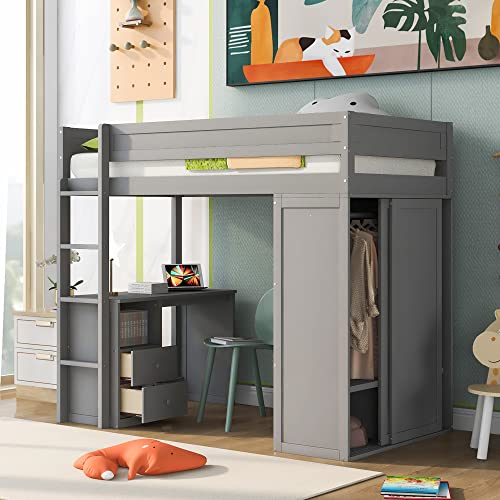 Full Size Wood Loft Bed with Desk Wardrobe Drawers Cabinet Grey T2449