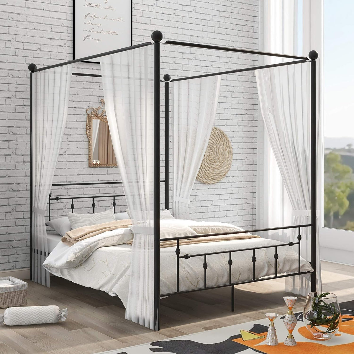 Queen Size Black Metal Canopy Bed Frame with Headboard J7030