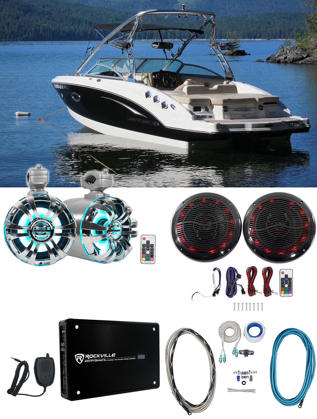 6.5" LED Swivel Marine Wakeboard Speakers with Amplifier and Amp Kit B9349