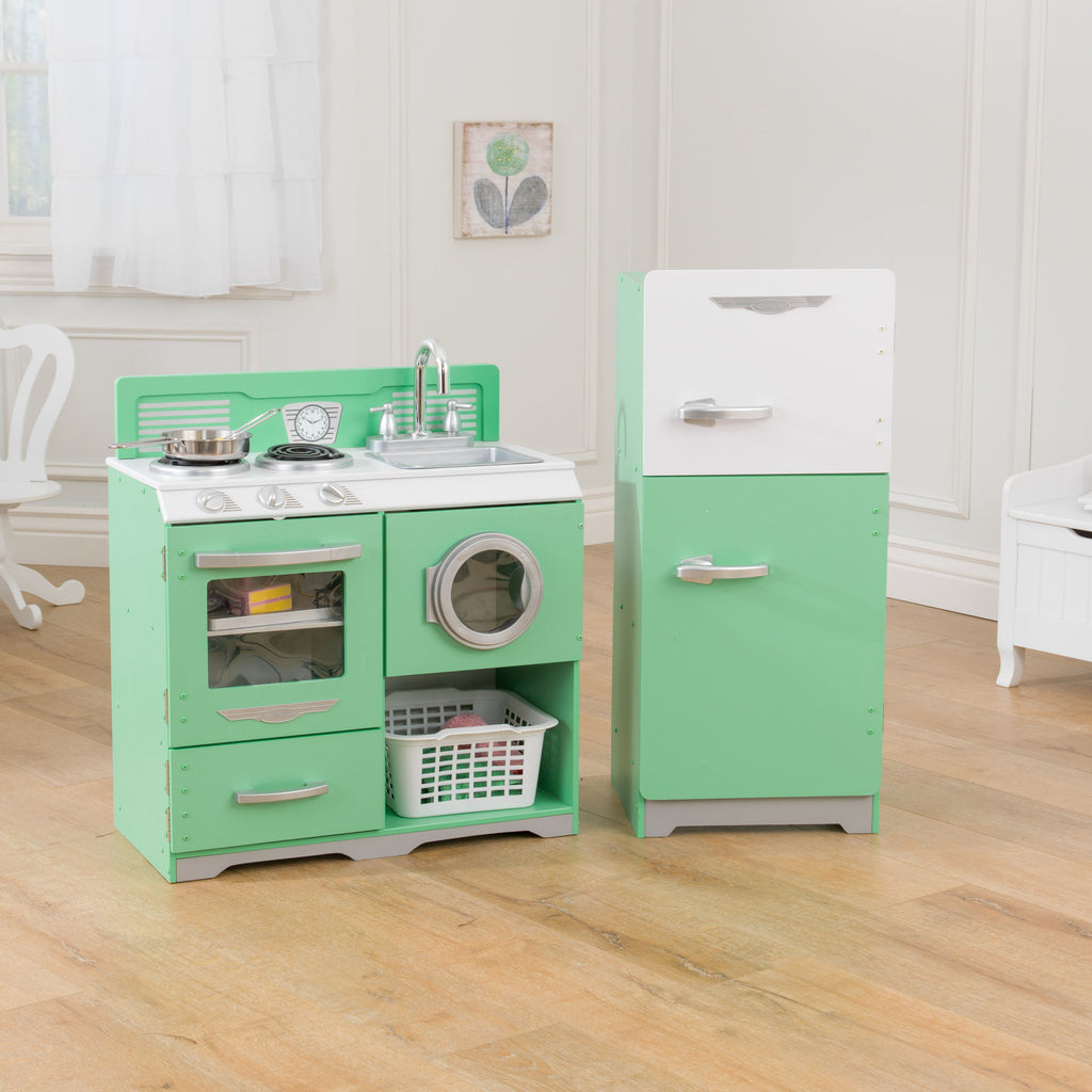 2-Piece Wooden Play Kitchen Set with Refrigerator, Dryer and Laundry Basket L997