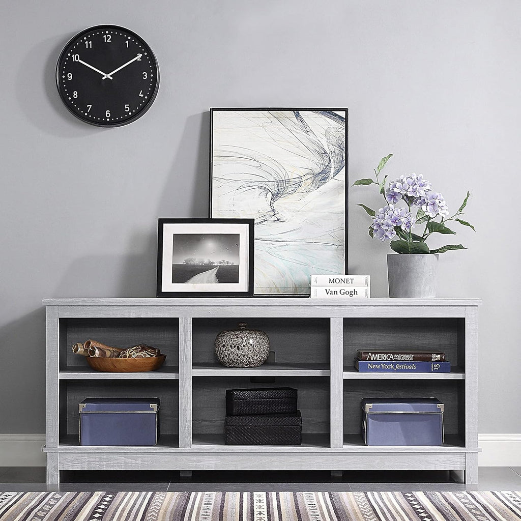 Gray Wash TV Stand with Wood Glass Storage Cabinets O523284
