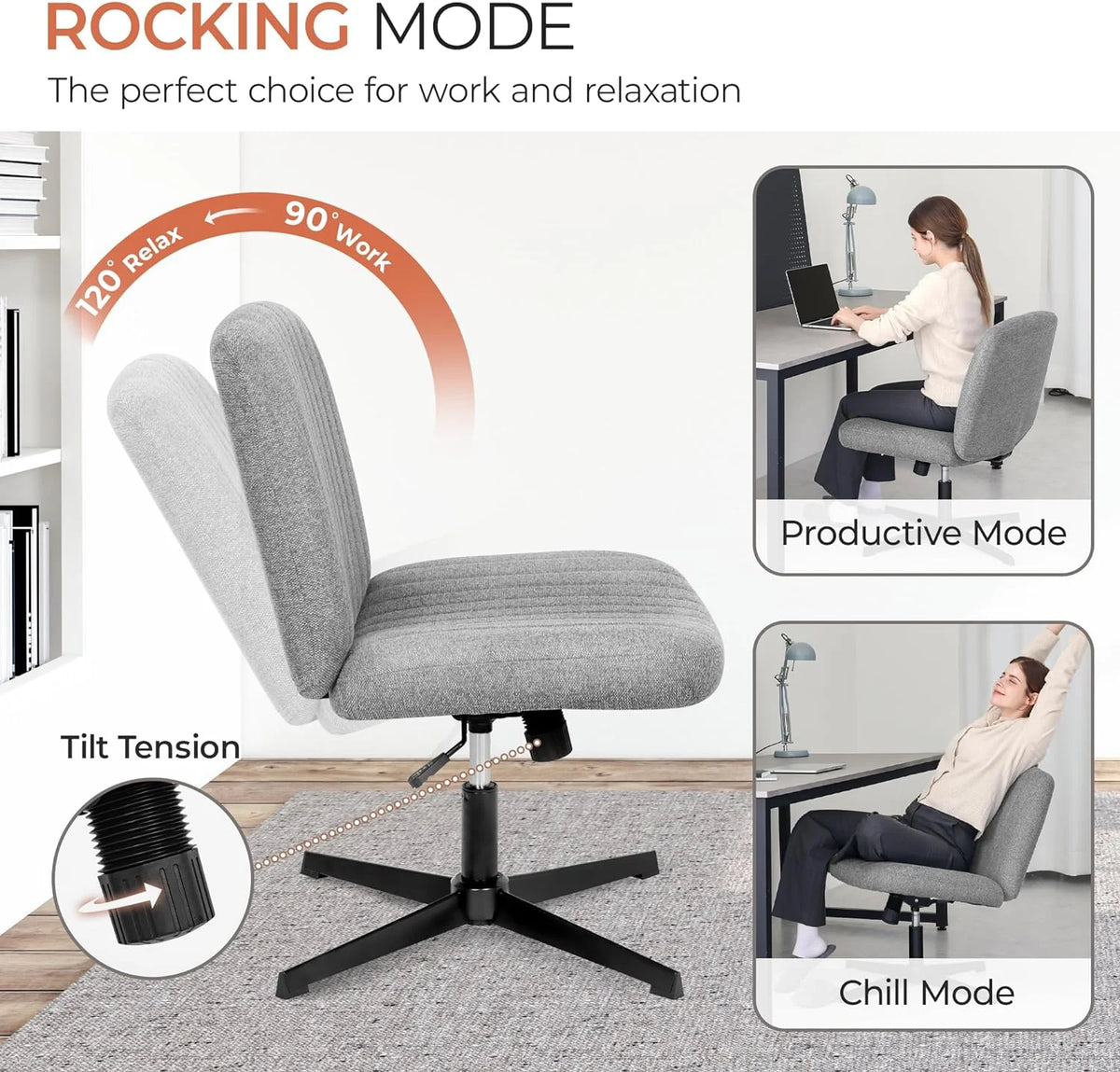 Cross Legged Fabric Padded Swivel Height Adjustable Wide Seat Office Chair P487326