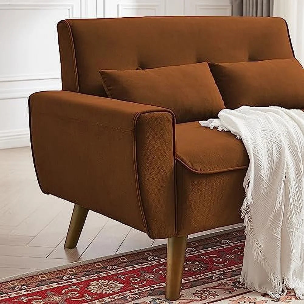 48" Linen Loveseat Sofa with 2 Throw Pillows and Wooden Legs H19418