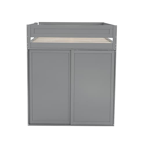Full Size Wood Loft Bed with Desk Wardrobe Drawers Cabinet Grey T2449
