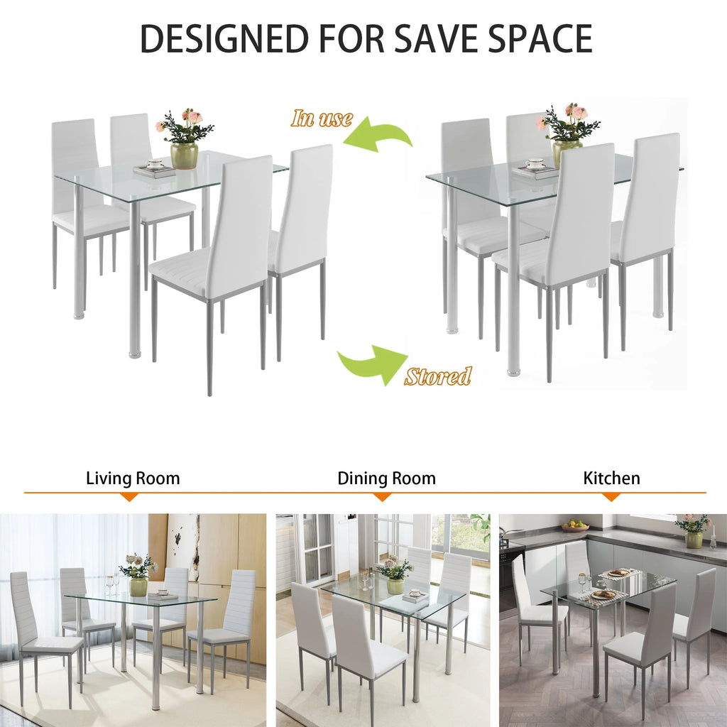 White 5 Pieces Tempered Glass Dining Table Set with 4 Chairs G842606