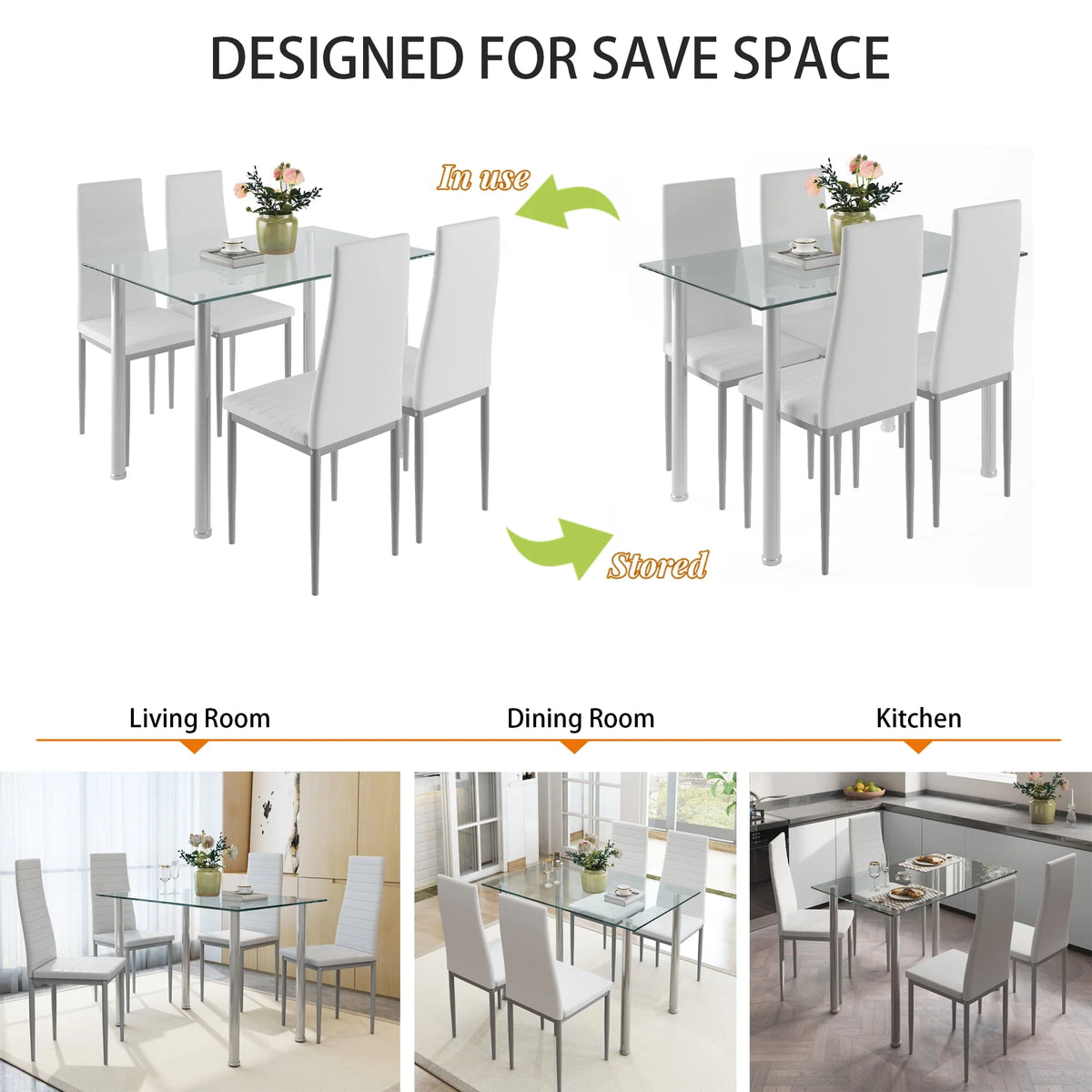 White 5 Pieces Tempered Glass Dining Table Set with 4 Chairs G842606