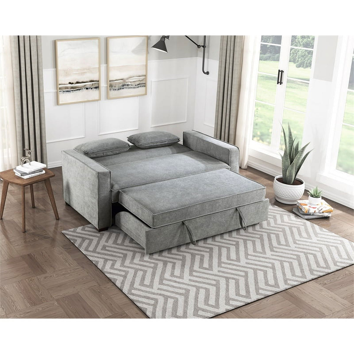 Gray Fabric Upholstered Convertible Sofa with Pull Out Bed C9364