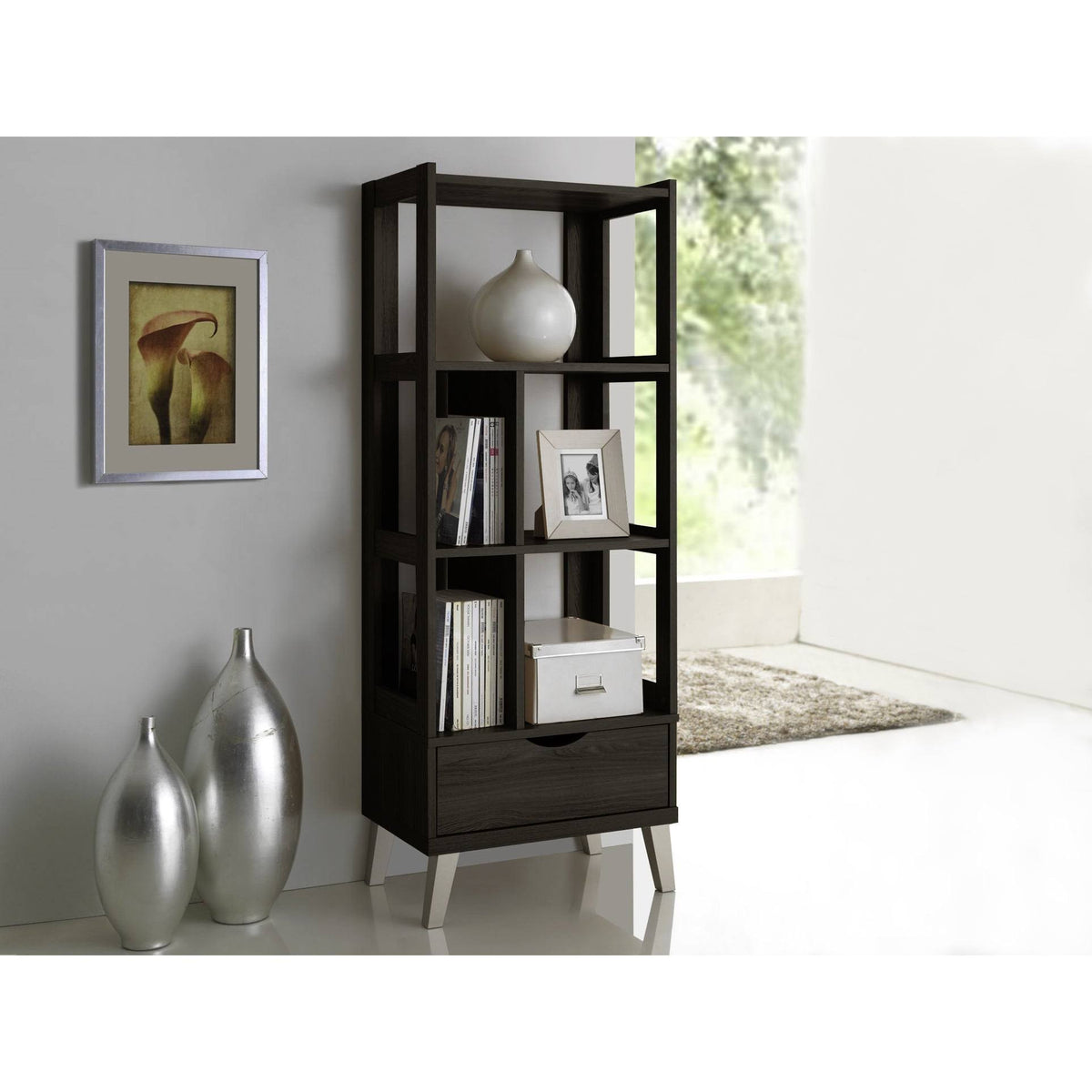Dark Brown Wood Leaning Bookcase D844