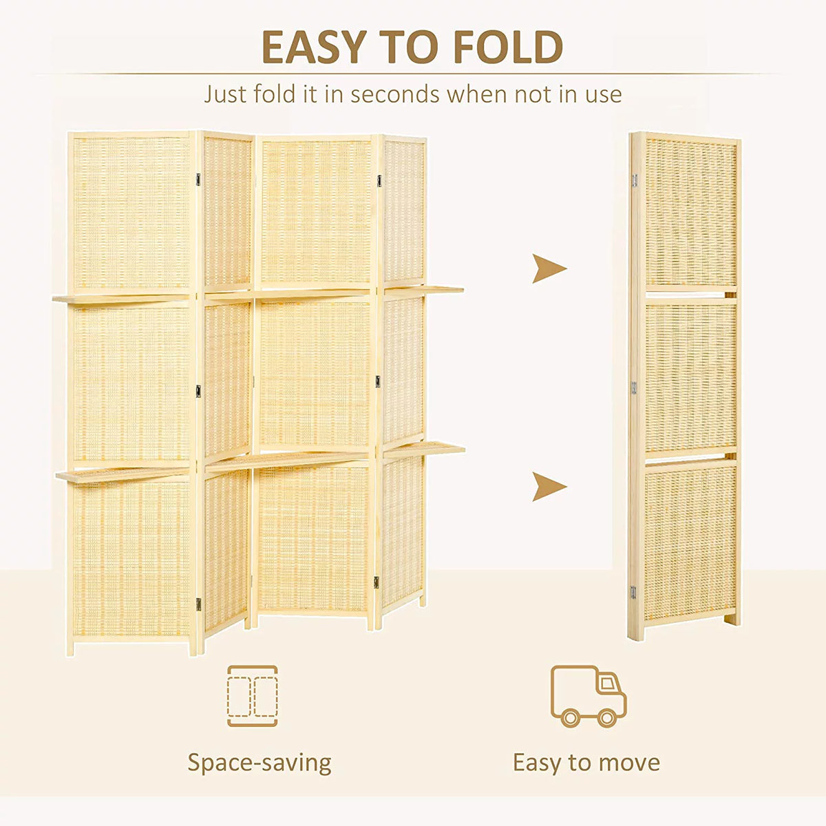 6 Ft Bamboo Folding Privacy Screen with 2 Display Shelves B8569