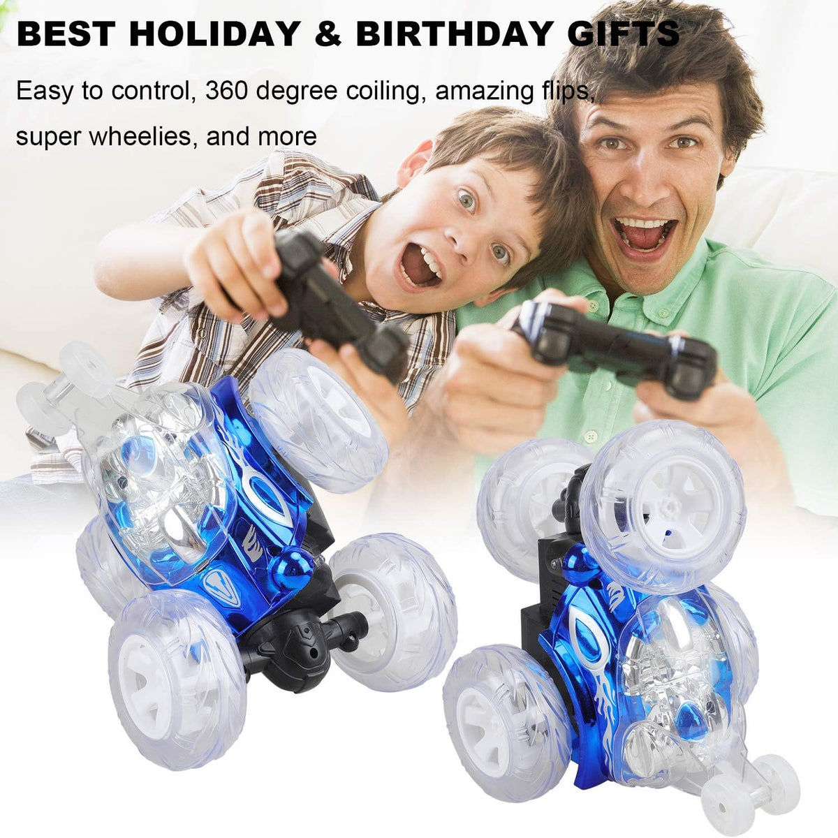 Remote Control Stunt Car with Colorful Lights & Music Switch, Rechargeable (Bule) H3008