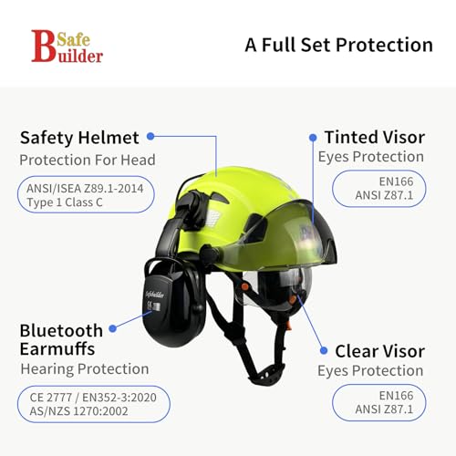 Safety Helmet with Visor Bluetooth Ear Muffs SNR 26dB Hard Hat Vented C5990