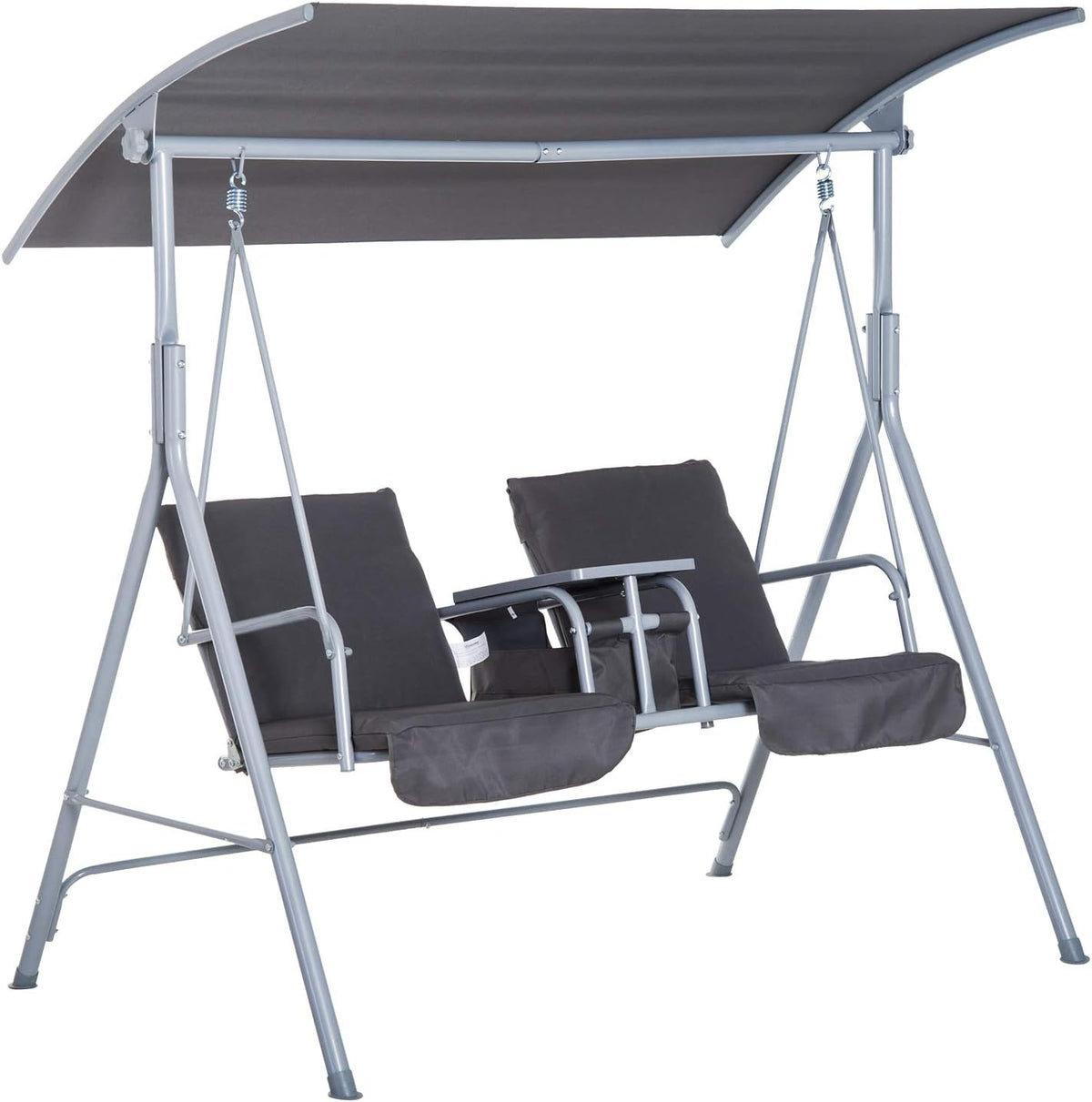 2 Person Covered Swing with Canopy, Table and Storage Console, Grey A538