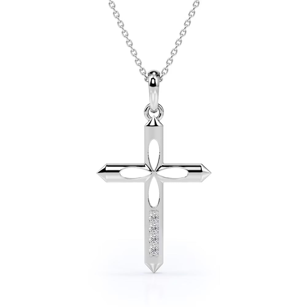 4-Petal Pencil Diamond Mini-Pave Pendant Necklace in 18K White Gold Plating over Silver E563742