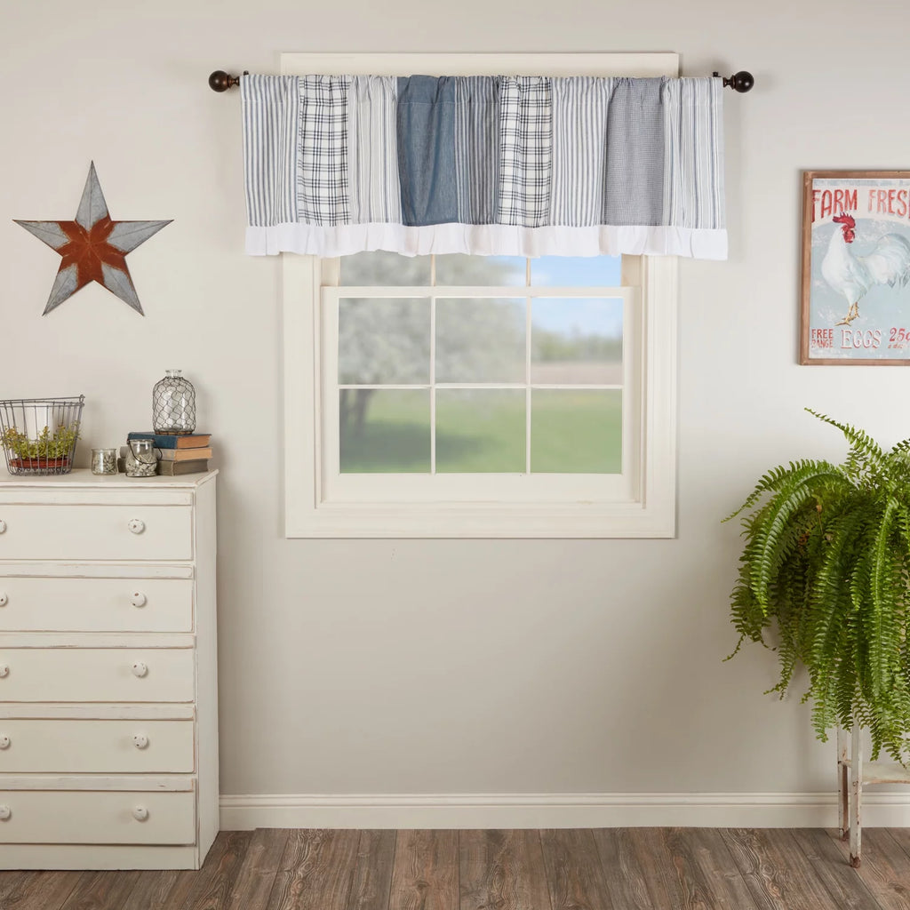 Blue Farmhouse Window Panel Set with Attached Valance T95730