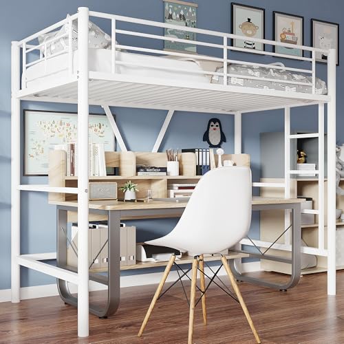 Twin Size Black Metal Loft Bed with Guardrails and Ladder I32268