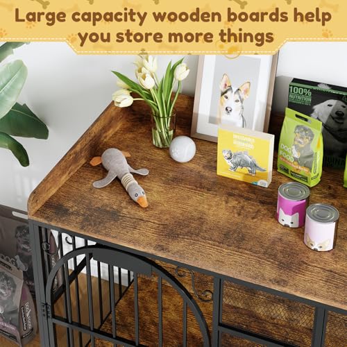 Large Dog Crate Furniture with Chew-Resistant Heavy Duty Wooden Dog Cage Rustic Brown G671