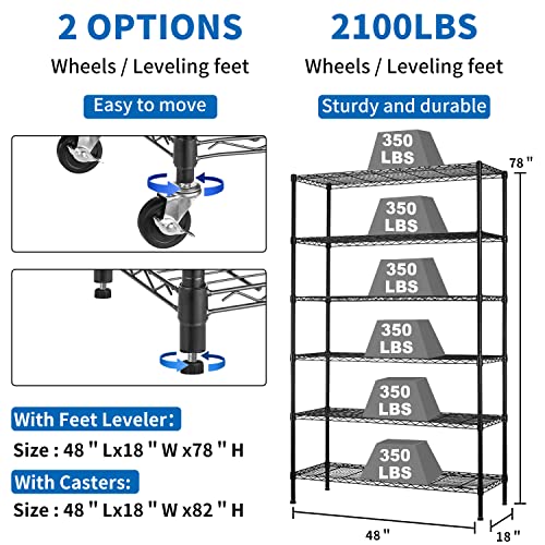Black 6 Tier Wire Shelving Unit with Wheels, 48"x18"x72" W6642