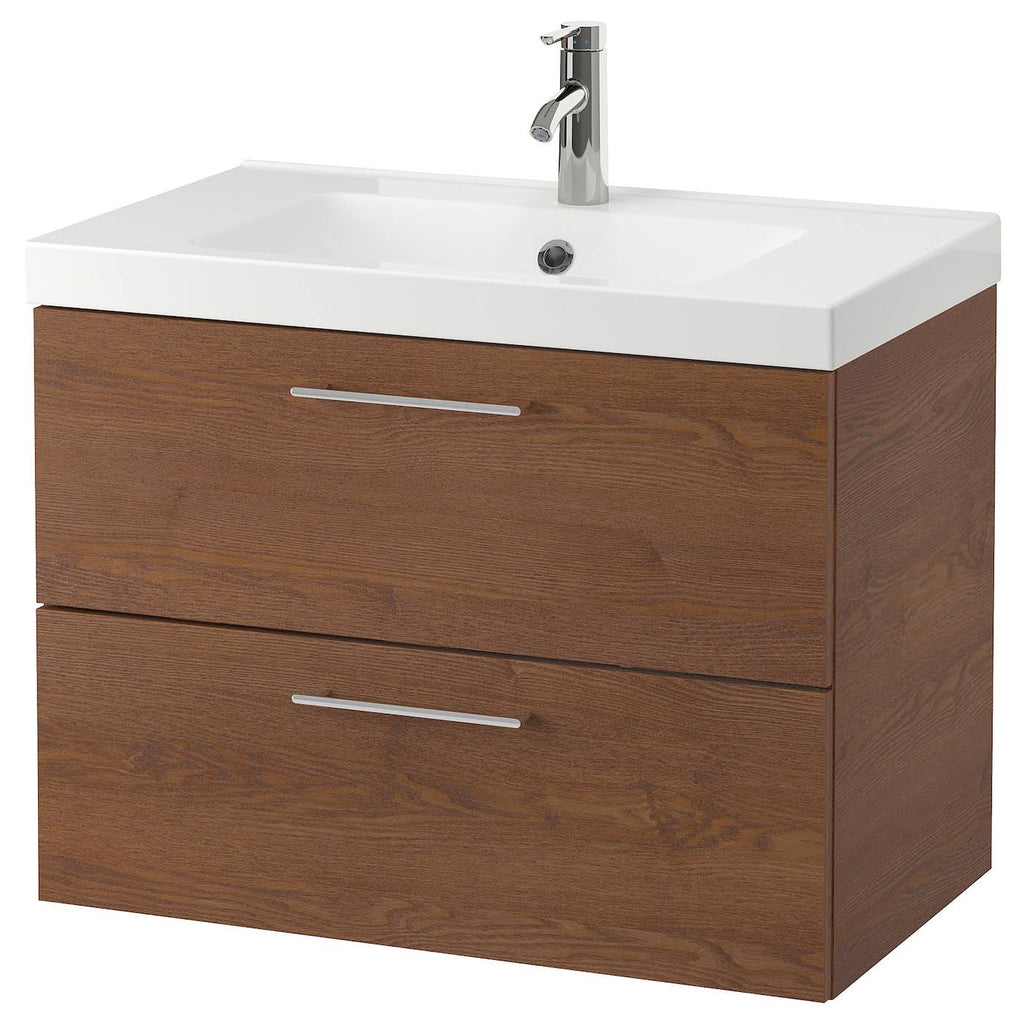 Brown Stained Ash Effect Sink Cabinet with 2 Drawers Q68845