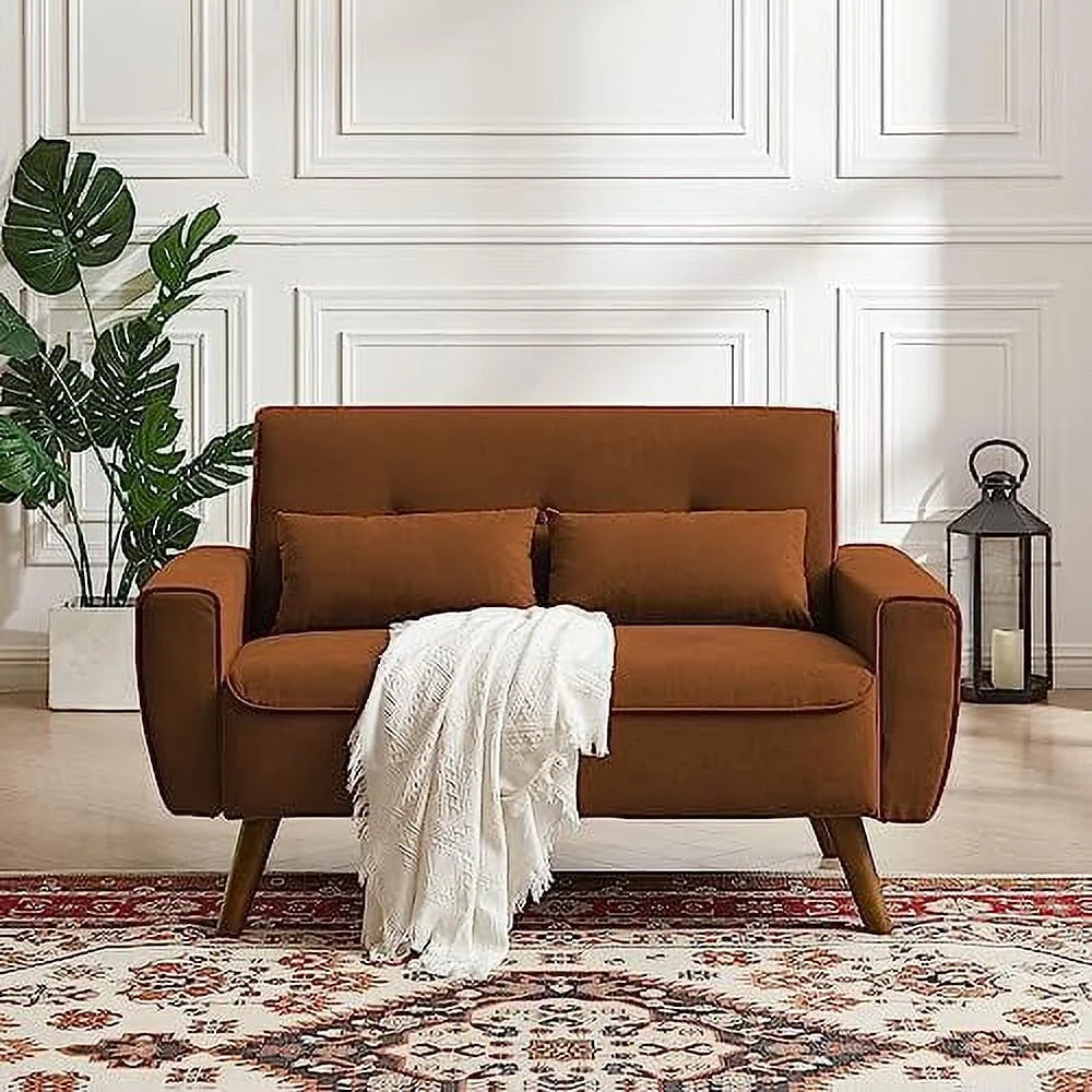 48" Linen Loveseat Sofa with 2 Throw Pillows and Wooden Legs H19418