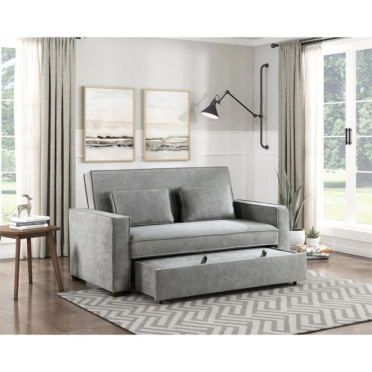 Gray Fabric Upholstered Convertible Sofa with Pull Out Bed C9364