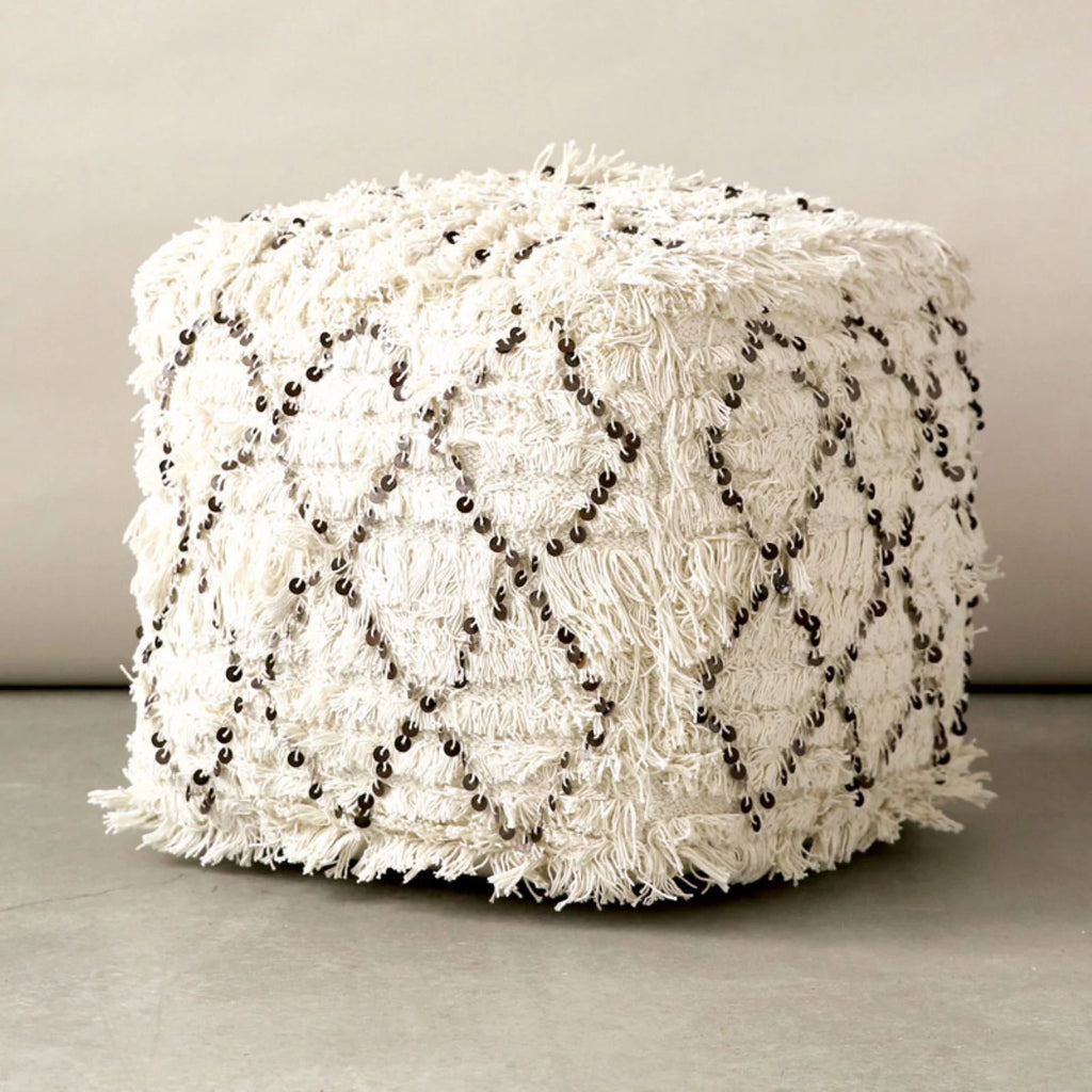 White Moroccan Wedding Quilt Pouf with Fringe & Sequins N430
