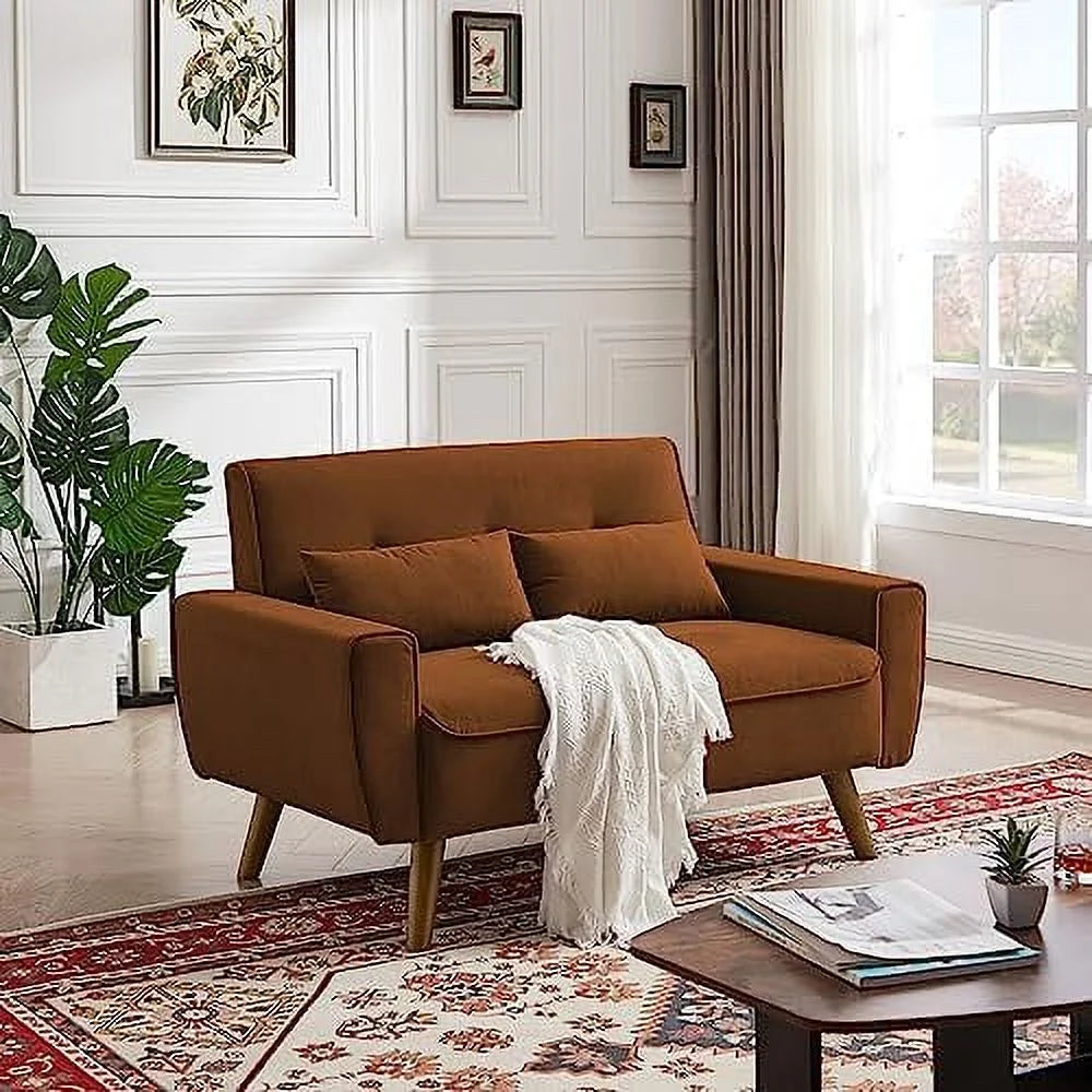 48" Linen Loveseat Sofa with 2 Throw Pillows and Wooden Legs H19418