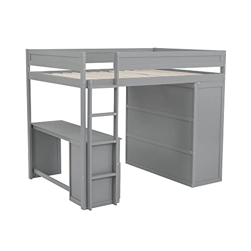 Full Size Wood Loft Bed with Desk Wardrobe Drawers Cabinet Grey T2449