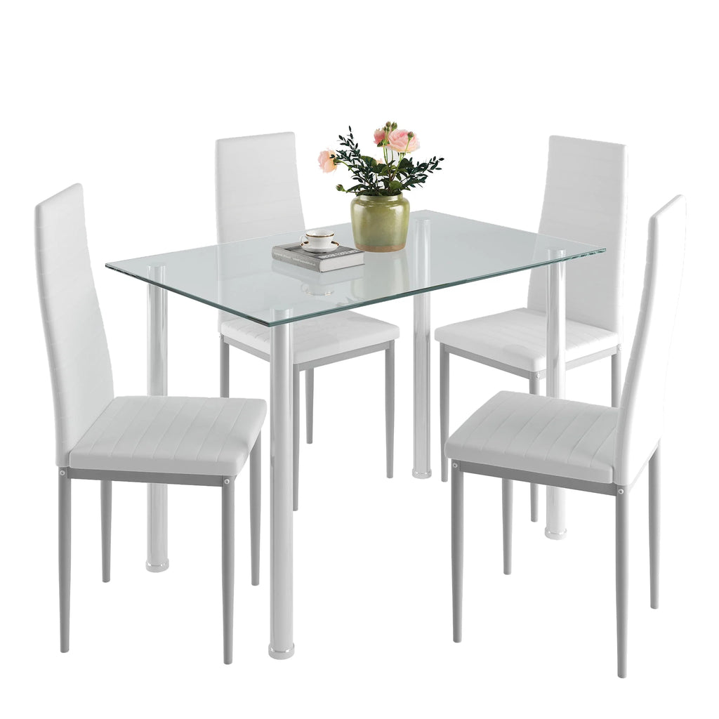 White 5 Pieces Tempered Glass Dining Table Set with 4 Chairs G842606
