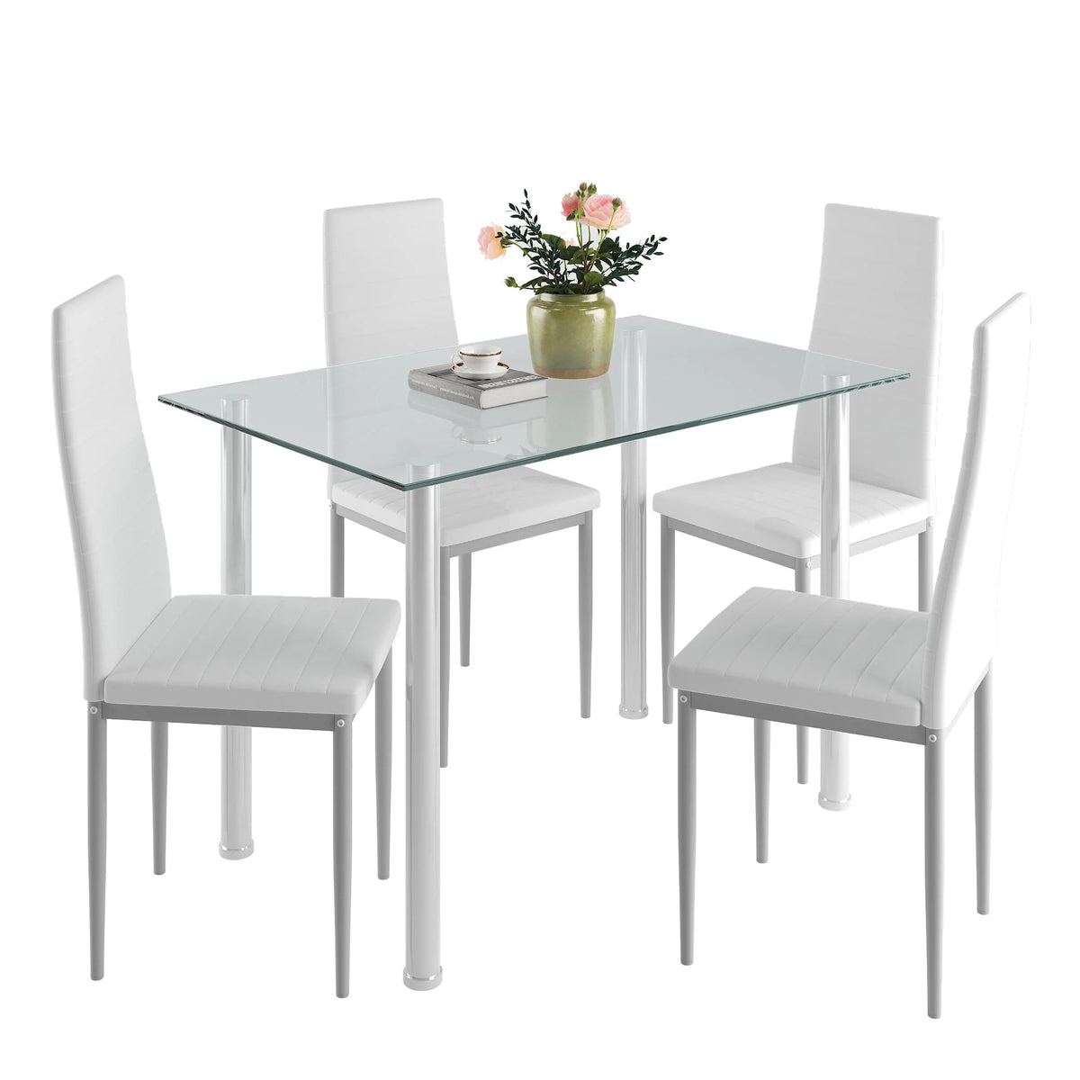 White 5 Pieces Tempered Glass Dining Table Set with 4 Chairs G842606