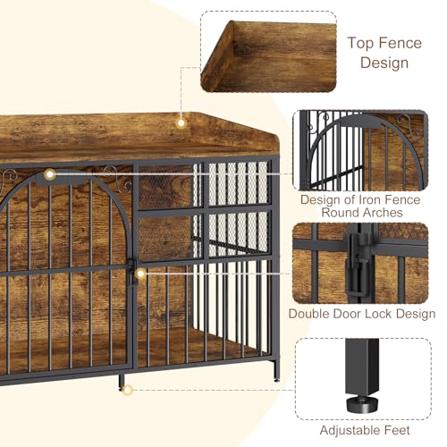 Large Dog Crate Furniture with Chew-Resistant Heavy Duty Wooden Dog Cage Rustic Brown G671