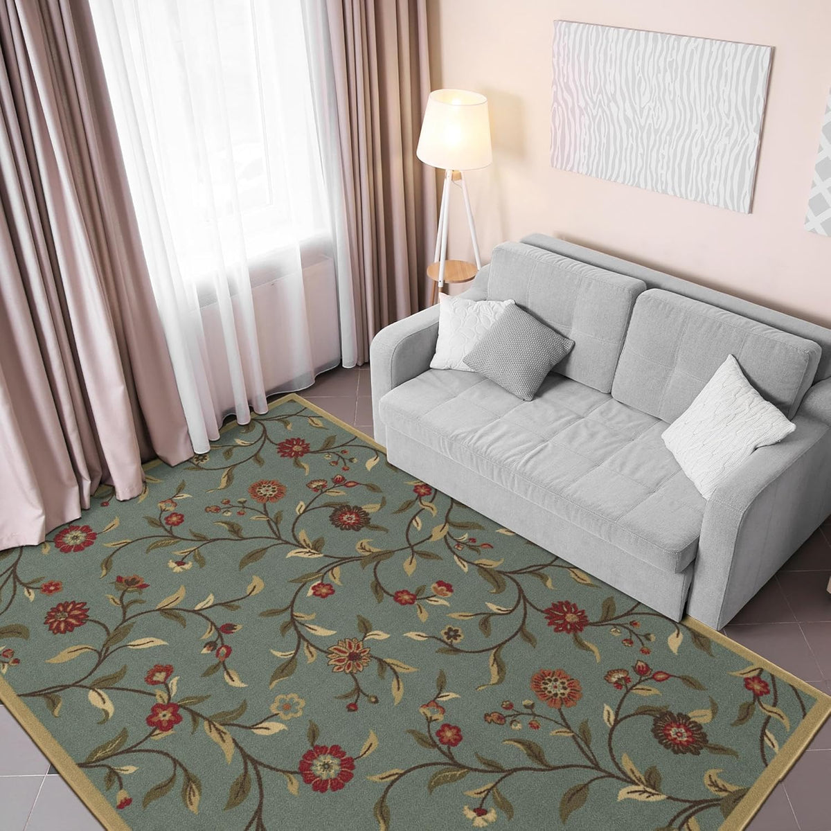 5x7 Seafoam Green Non-Slip Rubberback Traditional Area Rug G7260