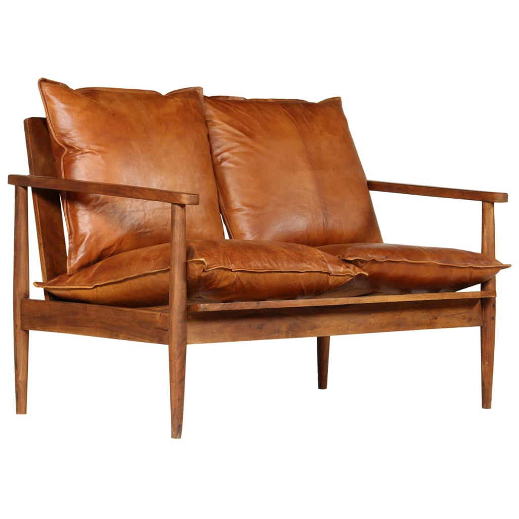 2-Seater Sofa Real Leather Acacia Wood Brown M296325