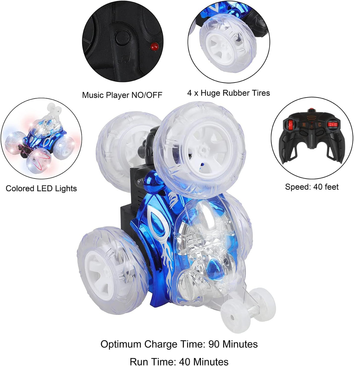 Remote Control Stunt Car with Colorful Lights & Music Switch, Rechargeable (Bule) H3008