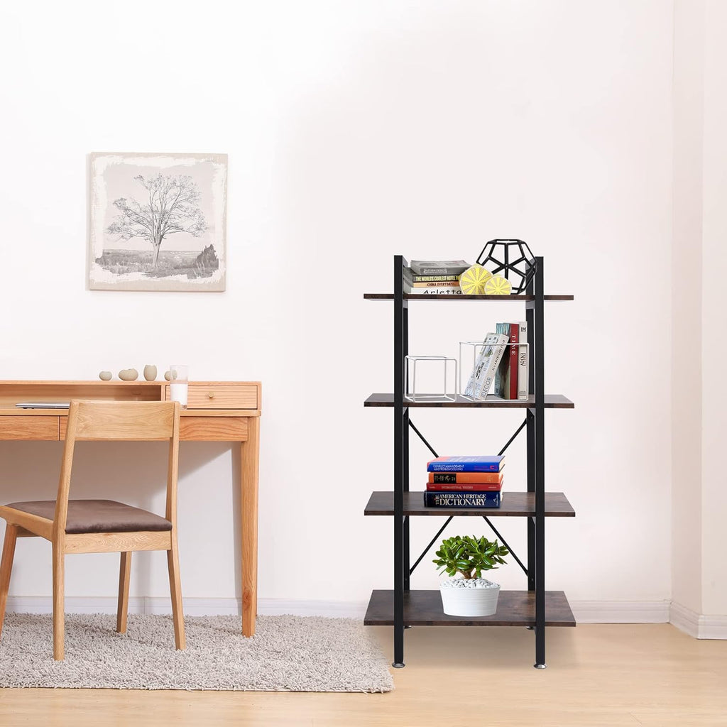 Industrial Bookshelf, 4 Tier Open Shelf Bookcase, Rustic Brown Q259