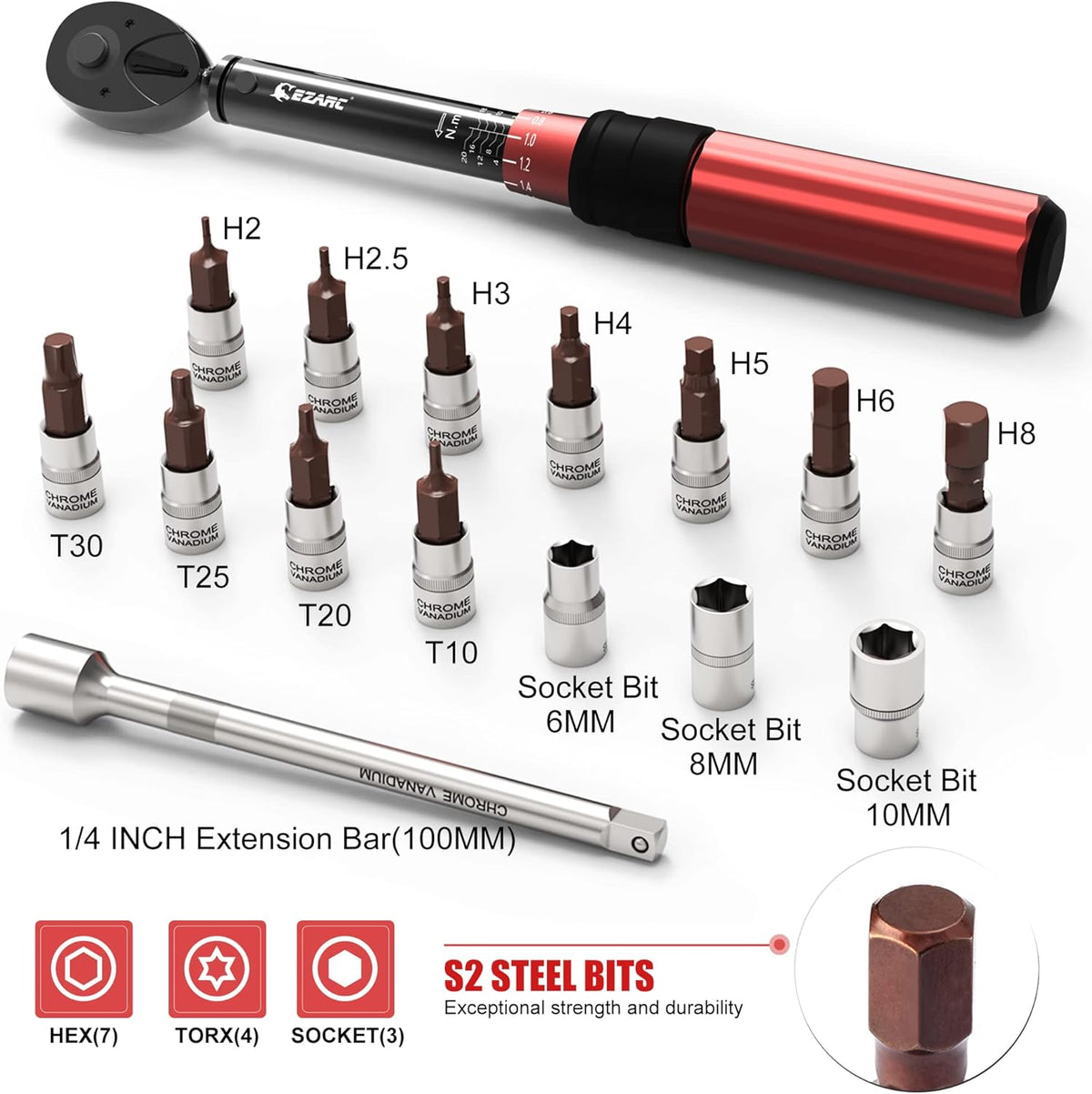 1/4 inch Drive Click Bike Torque Wrench Set 2-20 Nm/17.7 - 177.0 in-lb Pack of 2 W6599