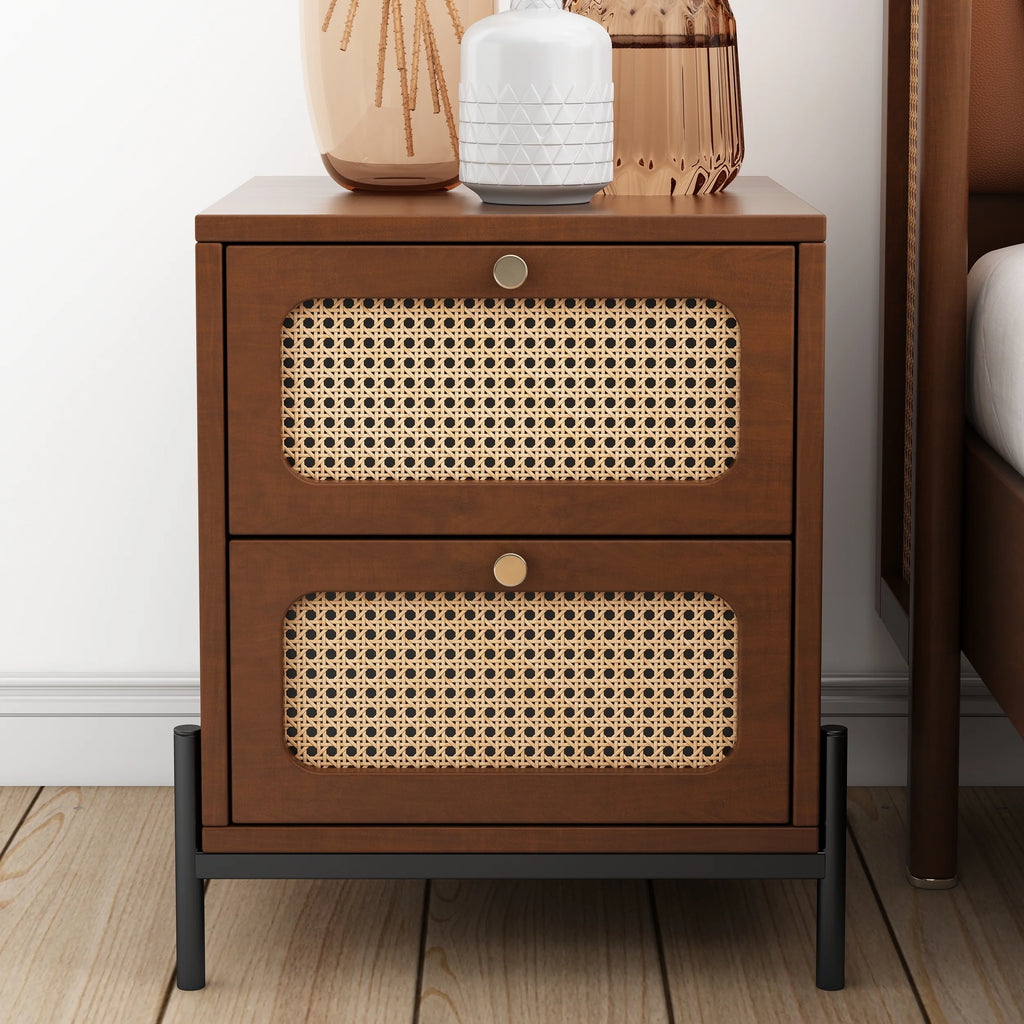 Walnut Rattan Wood 2-Drawer Side Table M582596