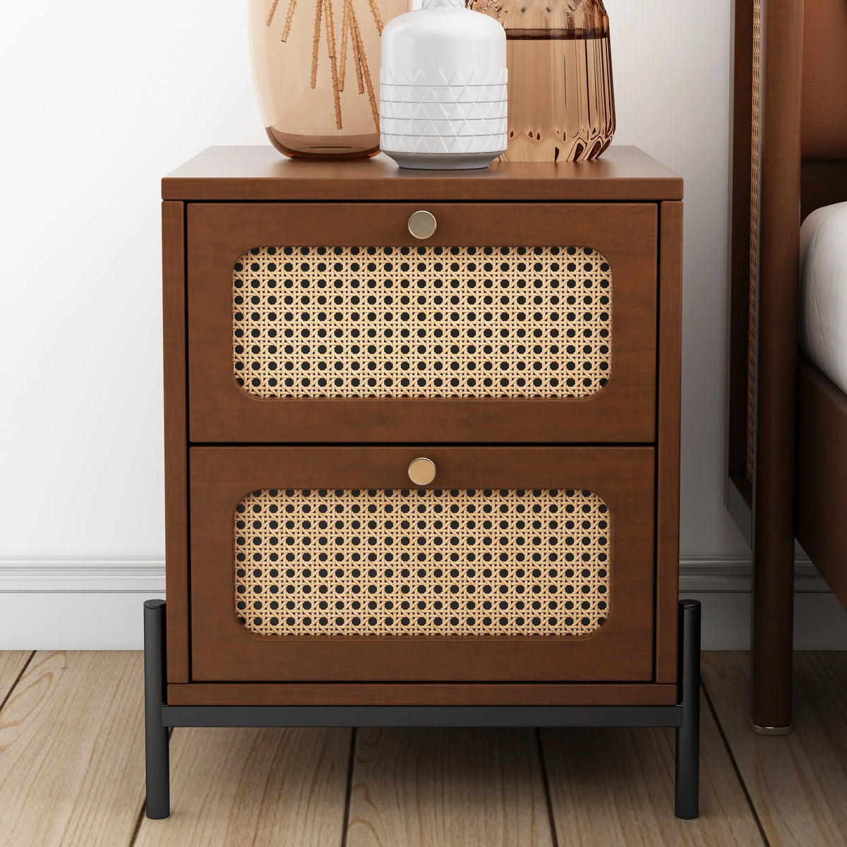 Walnut Rattan Wood 2-Drawer Side Table M582596