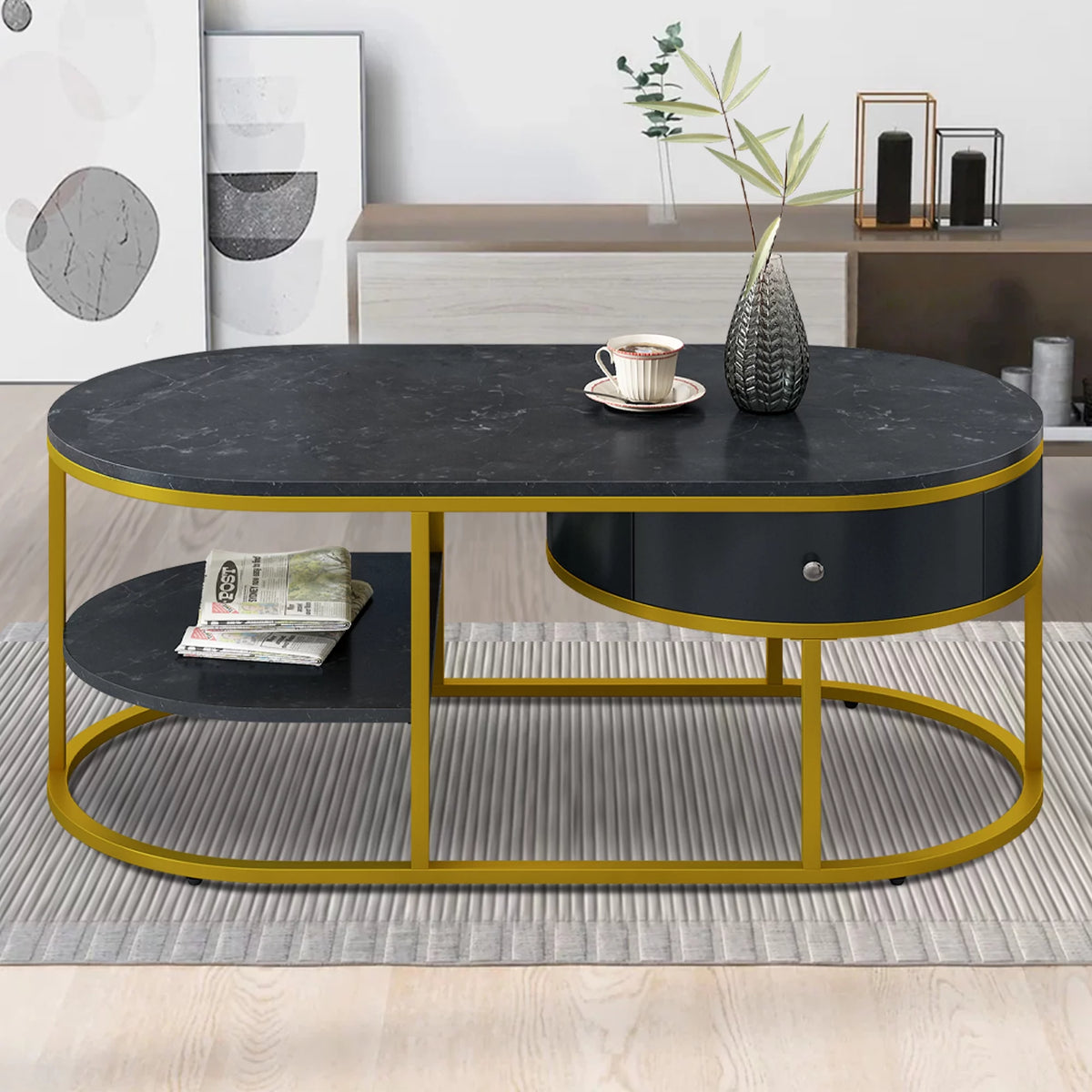 Black Marble Coffee Table with Storage M742