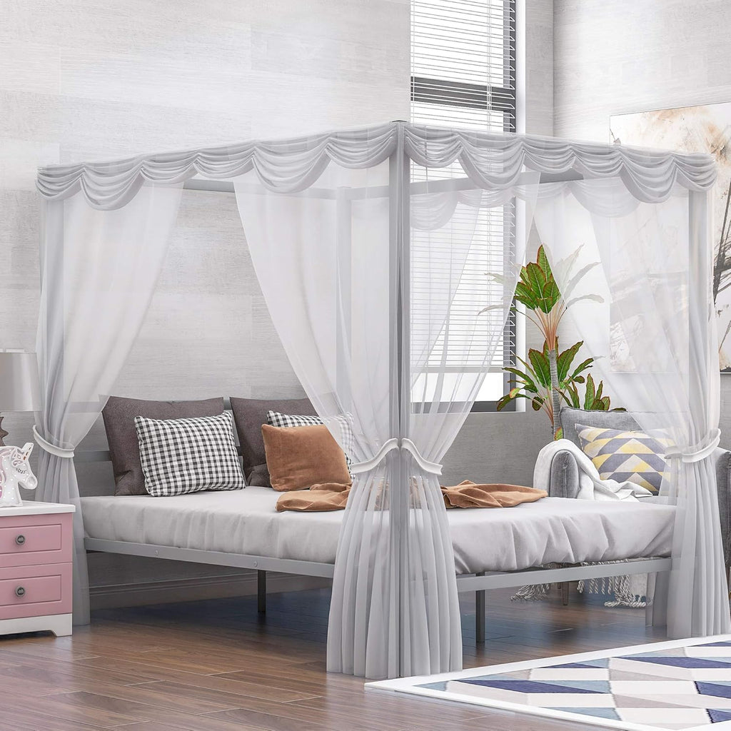 Queen Size Black Metal Canopy Bed Frame with Headboard J7030