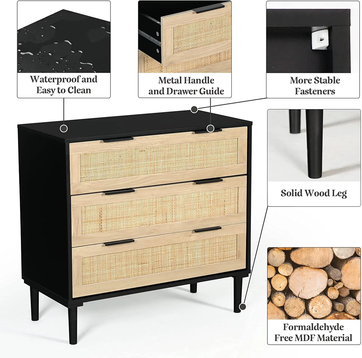 Black 3 Drawer Wood Rattan Dresser N595428