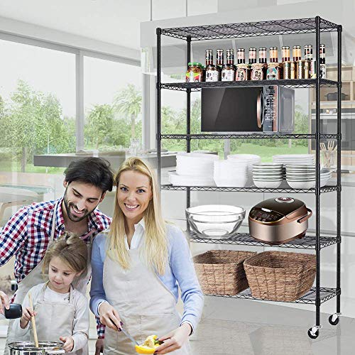 Black 6 Tier Wire Shelving Unit with Wheels, 48"x18"x72" W6642