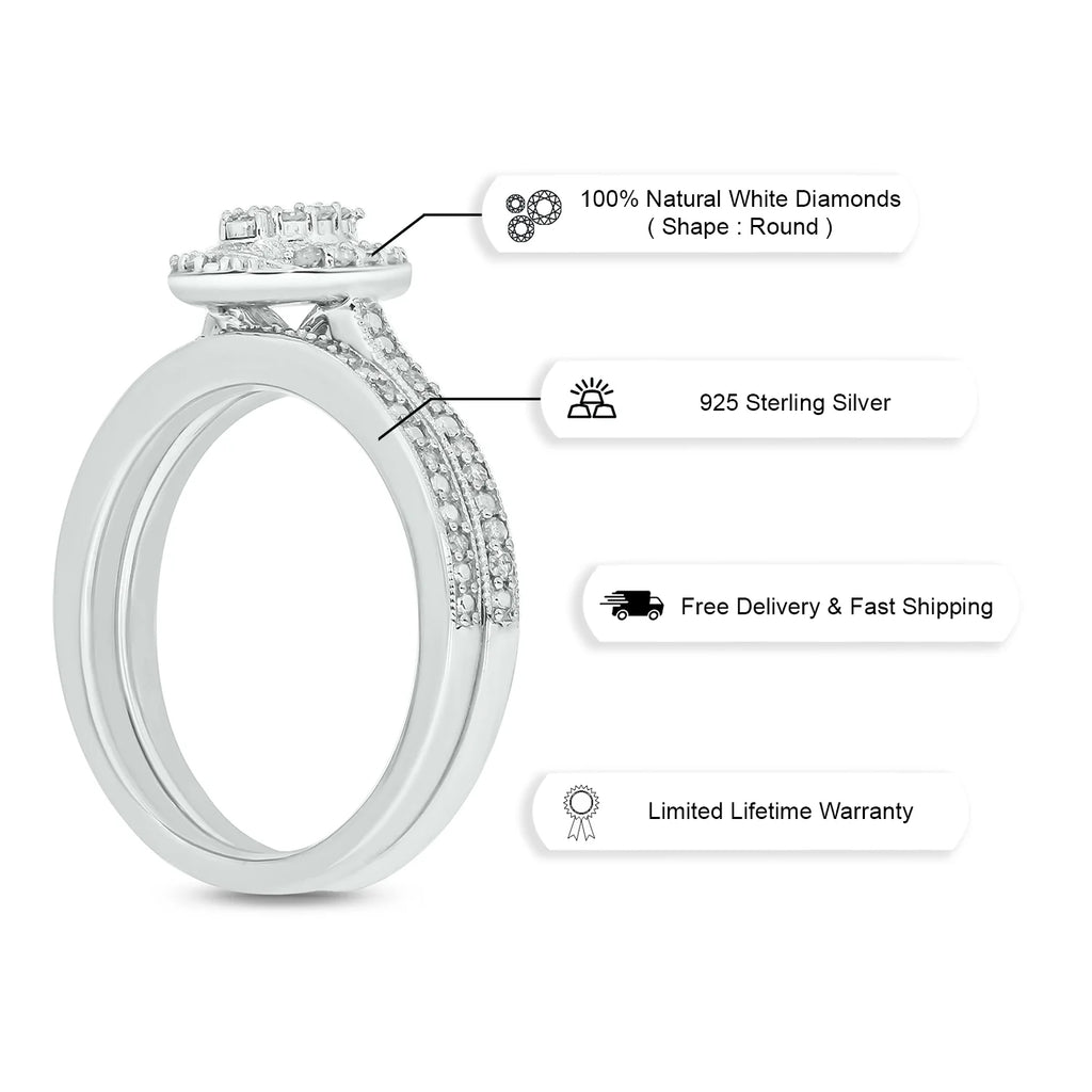 925 Sterling Silver Oval Diamond Engagement Ring and Wedding Band Set X73124