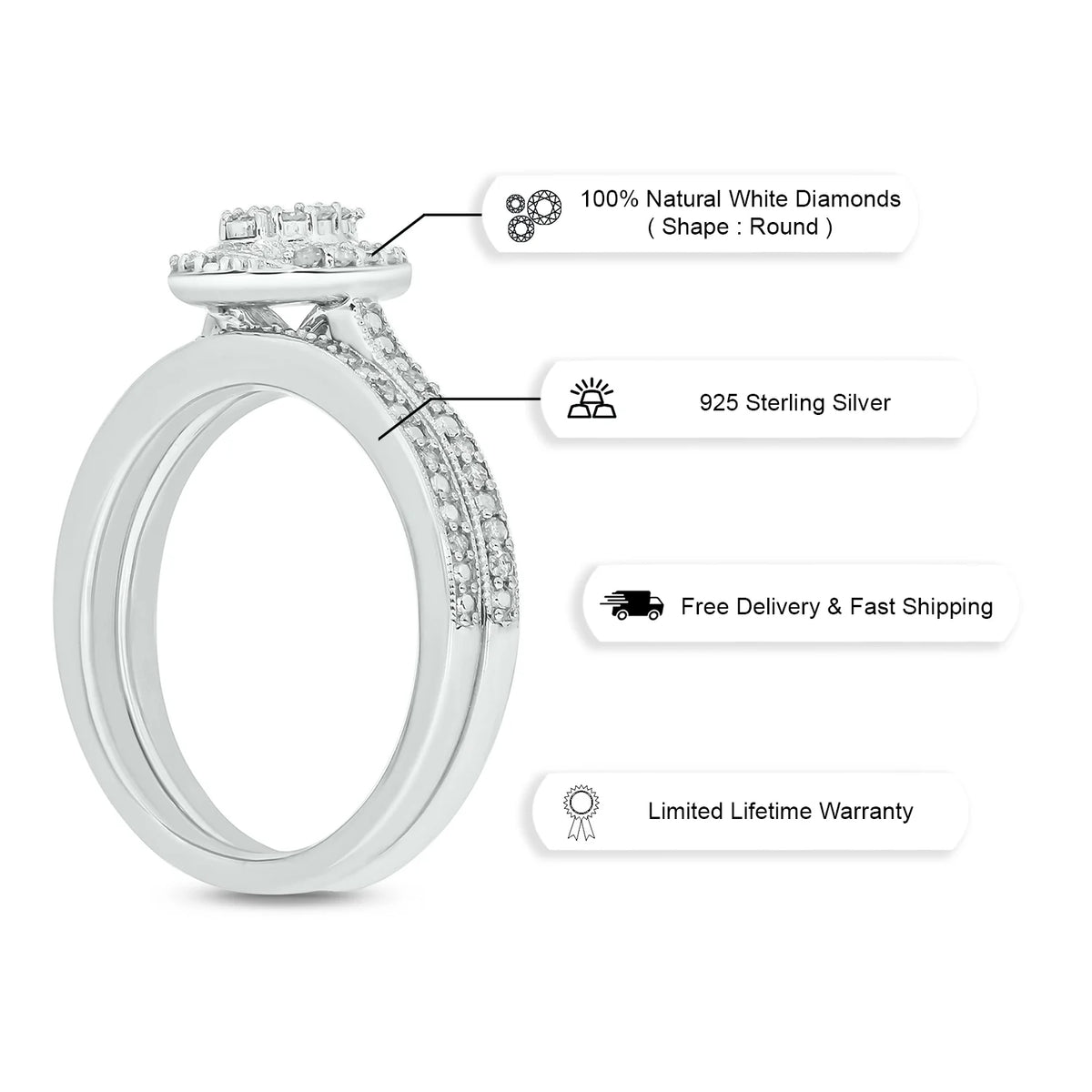 925 Sterling Silver Oval Diamond Engagement Ring and Wedding Band Set X73124
