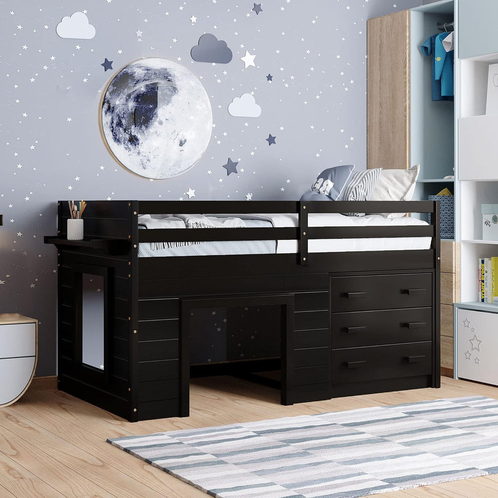Grey Twin Loft Bed with 3-Drawer Cabinet and Storage Shelves C269898