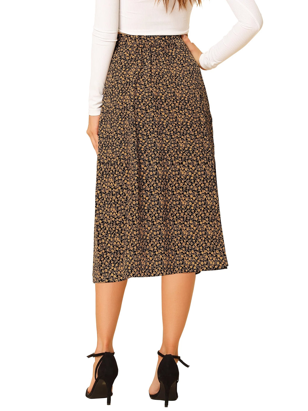 Elastic Waist A-Line Printed Midi Skirt B2544