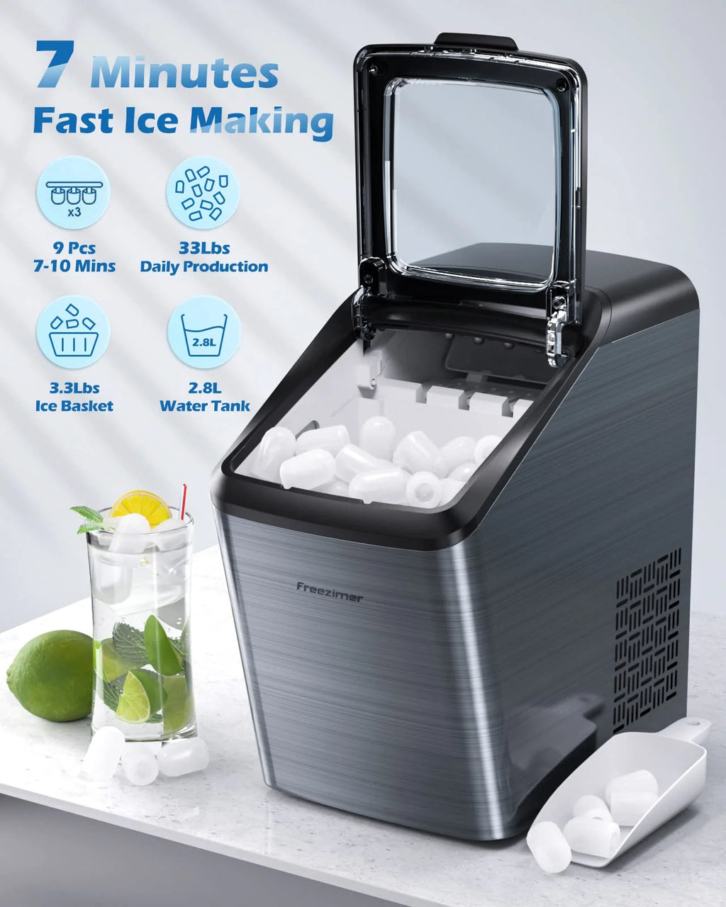 Black Countertop Bullet Ice Maker, 33Lbs, 2 Size Ice Cubes H898