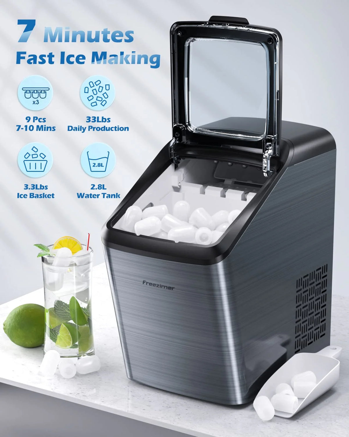 Black Countertop Bullet Ice Maker, 33Lbs, 2 Size Ice Cubes H898